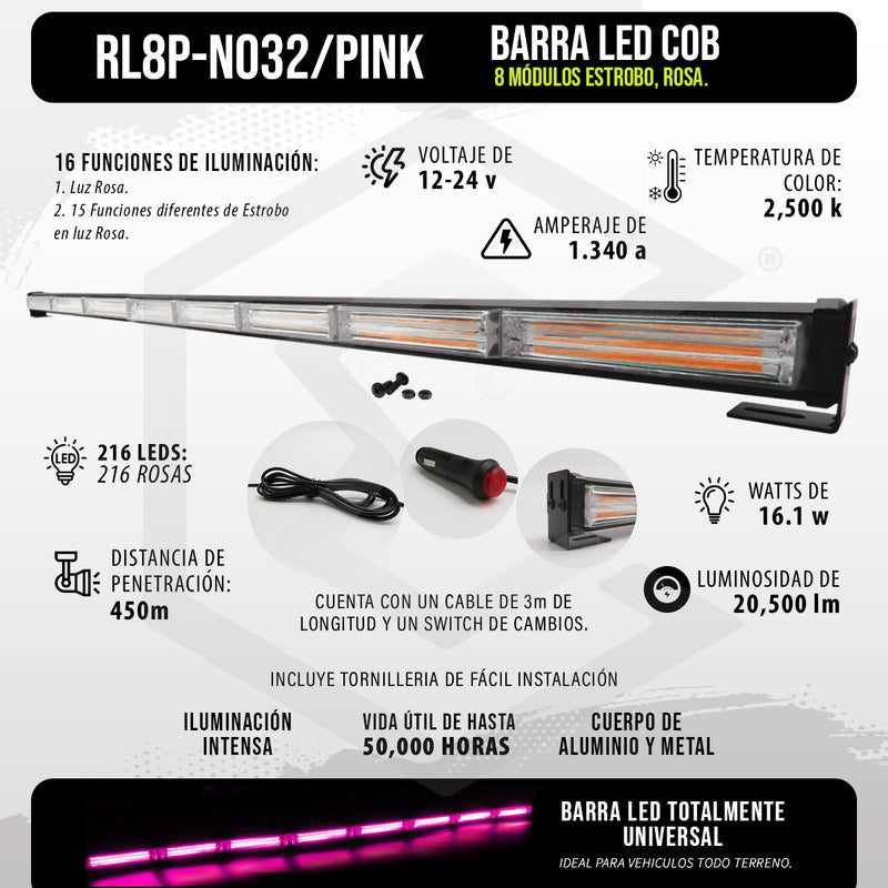 Barra Torreta Led Cob 8 Módulos Estrobo Código 16 Funciones