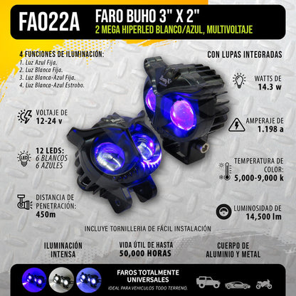 2 Faros Universal Búho 12 Hiperleds Blanco/azul 4 Funciones