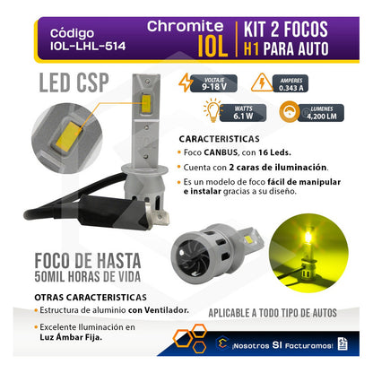 Kit Focos 16 Led Csp Ambar H1 Ventilador Alta O Baja 4,200lm H1 Ambar