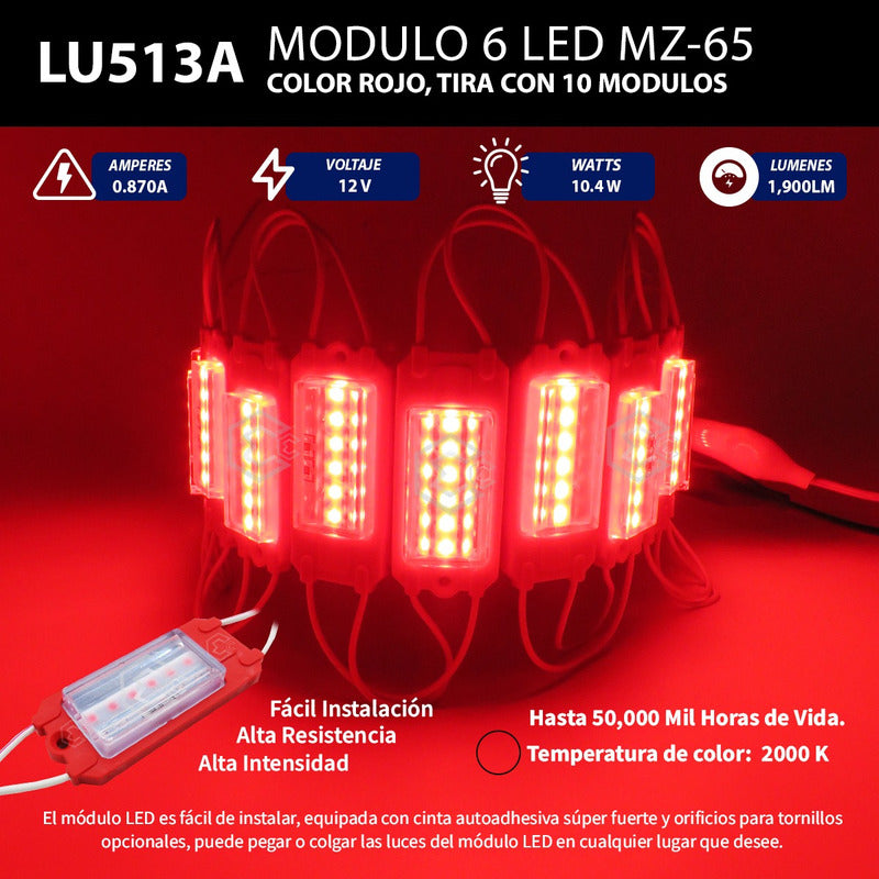 10 Módulo Rect 6led Mz-65 Alta Intensidad Color A Elegir 12v