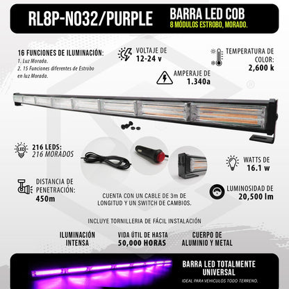 Barra Torreta Led Cob 8 Módulos Estrobo Código 16 Funciones