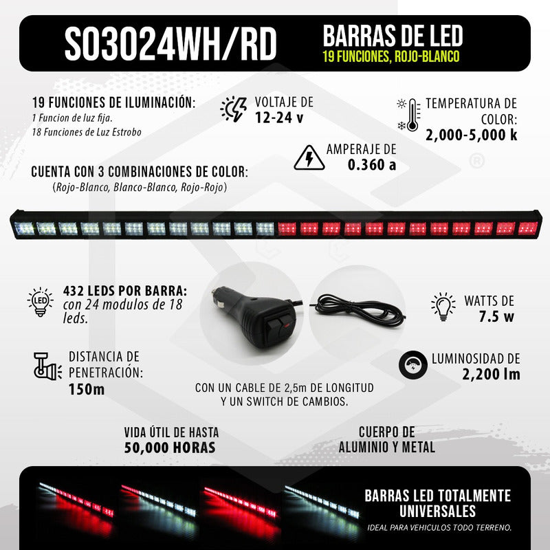 Barra 432 Led 19 Funciones 24 Módulos Bicolor Estrobo 12-24v
