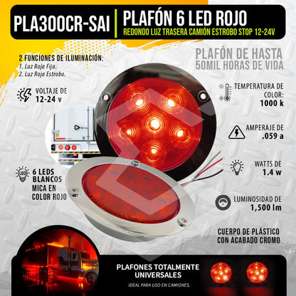 10 Plafón 6led Redondo Luz Traser Camión Estrobo Stop 12-24v