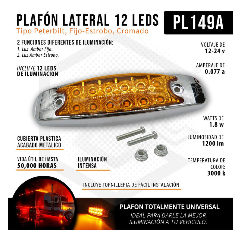 10 Plafón Lateral 12 Led Tipo Peterbilt Fijo Estrobo Cromado