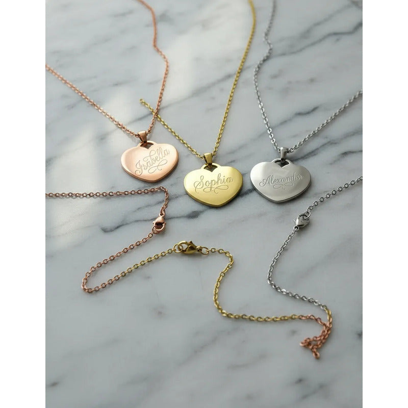 Collar Dije Corazón Bronce Personalizado Grabado Láser Acero Bronce