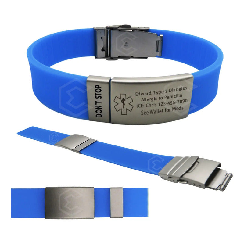 Kit 2 Pulsera Identificación Personalizada Emergencia Láser Azul Rey
