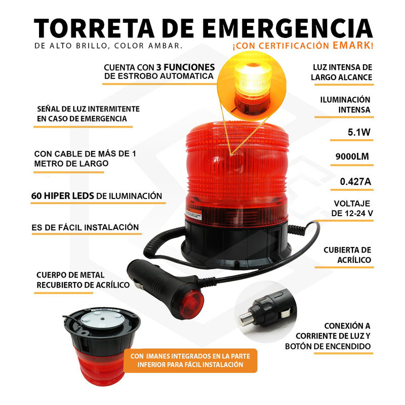 Torreta Color Ambar 12-24v 24led 72w Ip65 Con Iman 3 Funcion