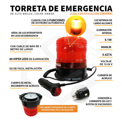 Torreta Color Ambar 12-24v 24led 72w Ip65 Con Iman 3 Funcion