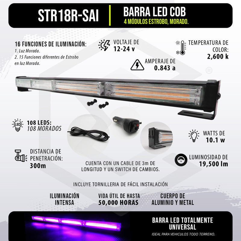 Barra Torreta Led Cob 4 Módulos Estrobo Código 16 Funciones
