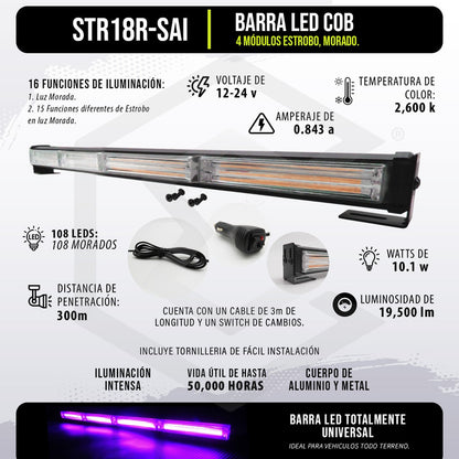 Barra Torreta Led Cob 4 Módulos Estrobo Código 16 Funciones