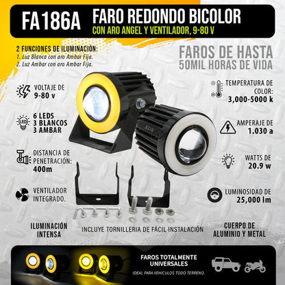 Par De Faros 6 Leds Lupa Bicolor Con Aro Y Ventilador 9-80v