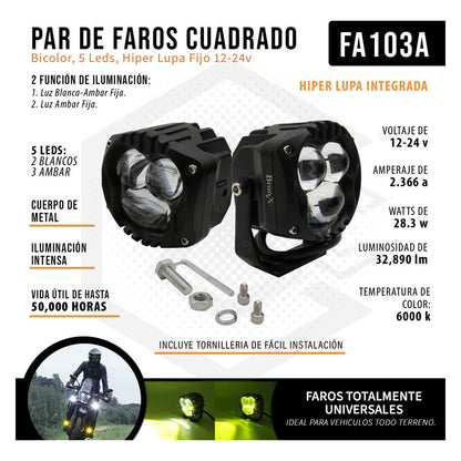 Par De Faros Cuadrado Bicolor 5 Leds Hiper Lupa Fijo 12-24v