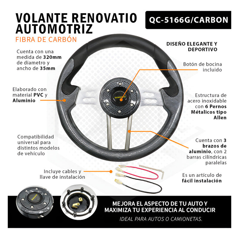 Volante Deportivo Universal Metal Ranuras Fibra Carbón 33cm