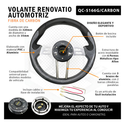 Volante Deportivo Universal Metal Ranuras Fibra Carbón 33cm