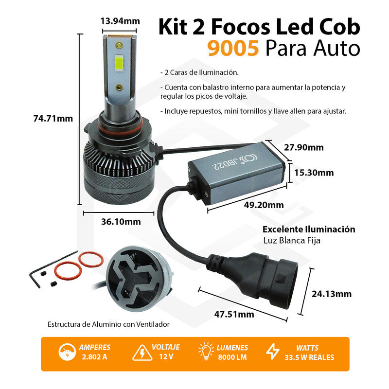 Kit Focos 9005 12led Csp 9-30v 33.5w Reales Alta Baja 8000lm 9005