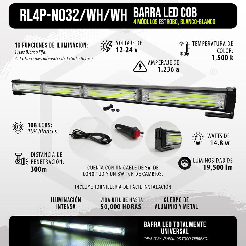 Barra Torreta Led Cob 4 Módulos Estrobo Código 16 Funciones