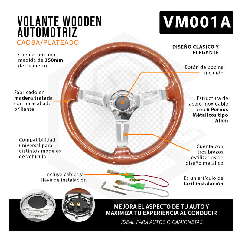 Volante De Madera Automotriz Universal Centro Cromado 35cm