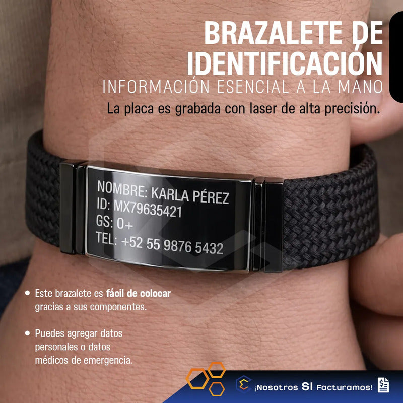 Pulsera Brazalete Identificación De Emergencia Grabado Láser Negro