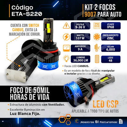 2 Focos 48 Led 9007 Canbus Ventilador Alta Baja 36000lm 107w 9007