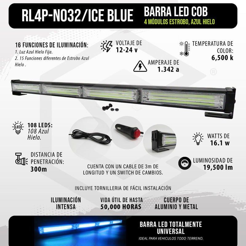 Barra Torreta Led Cob 4 Módulos Estrobo Código 16 Funciones