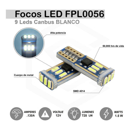Par De Focos De Pellizco T10 9 Leds Canbus No Error 4014 12v