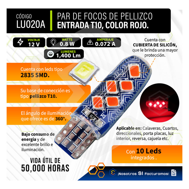 Par De Focos De Pellizco T10 10 Leds Smd Silicón Mosaico 12v