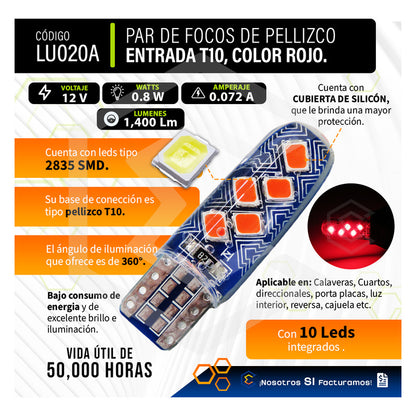 Par De Focos De Pellizco T10 10 Leds Smd Silicón Mosaico 12v