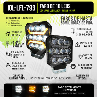 Par Faros 28 Leds Cuadrado Bicolor 10 Lupas 3 Funcion 10-30v