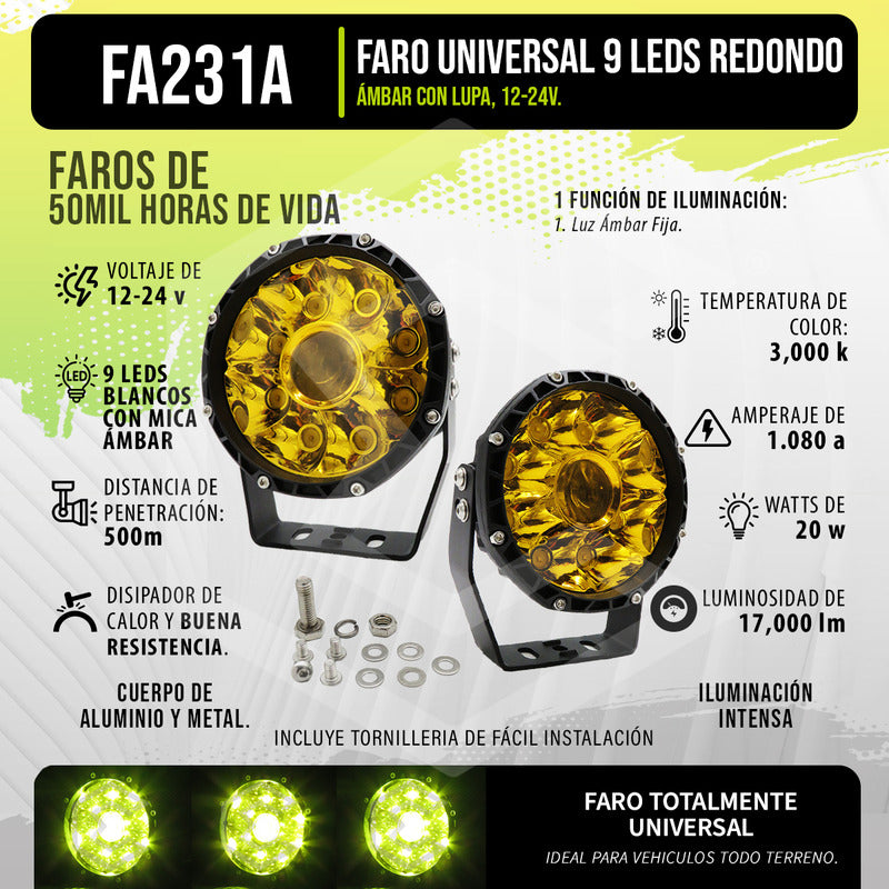 Par De Faros 9 Leds Redondo Con Lupa Luz Fija 5 PuLG 12-24v