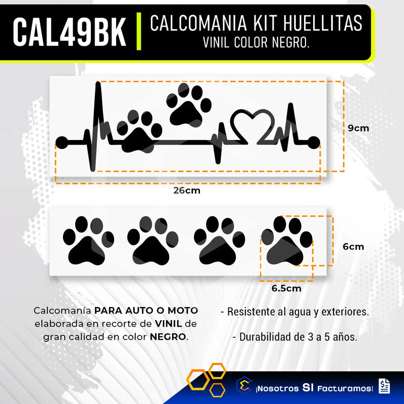 Kit Calcomanía Frecuencia Huellitas Negro Sticker Vinil 26cm