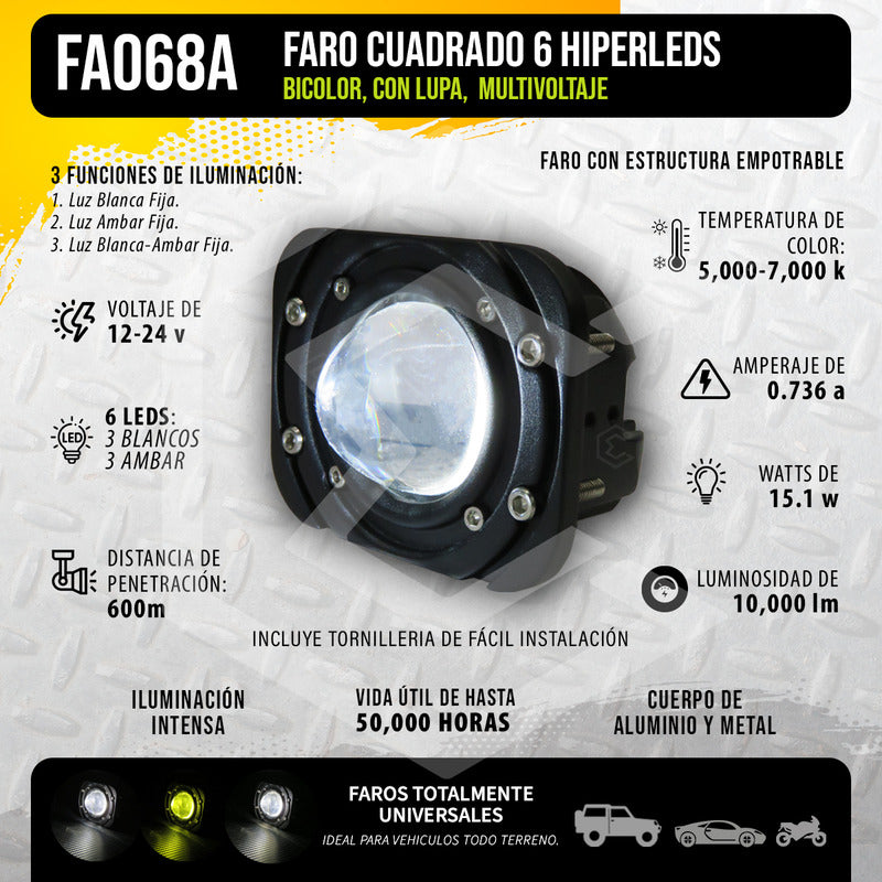 2 Faros Bicolor Cuadrado 3'' Empotrable 6 Hiperled Lupa Fijo