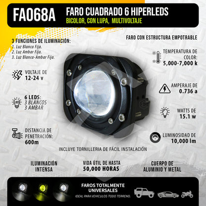 2 Faros Bicolor Cuadrado 3'' Empotrable 6 Hiperled Lupa Fijo