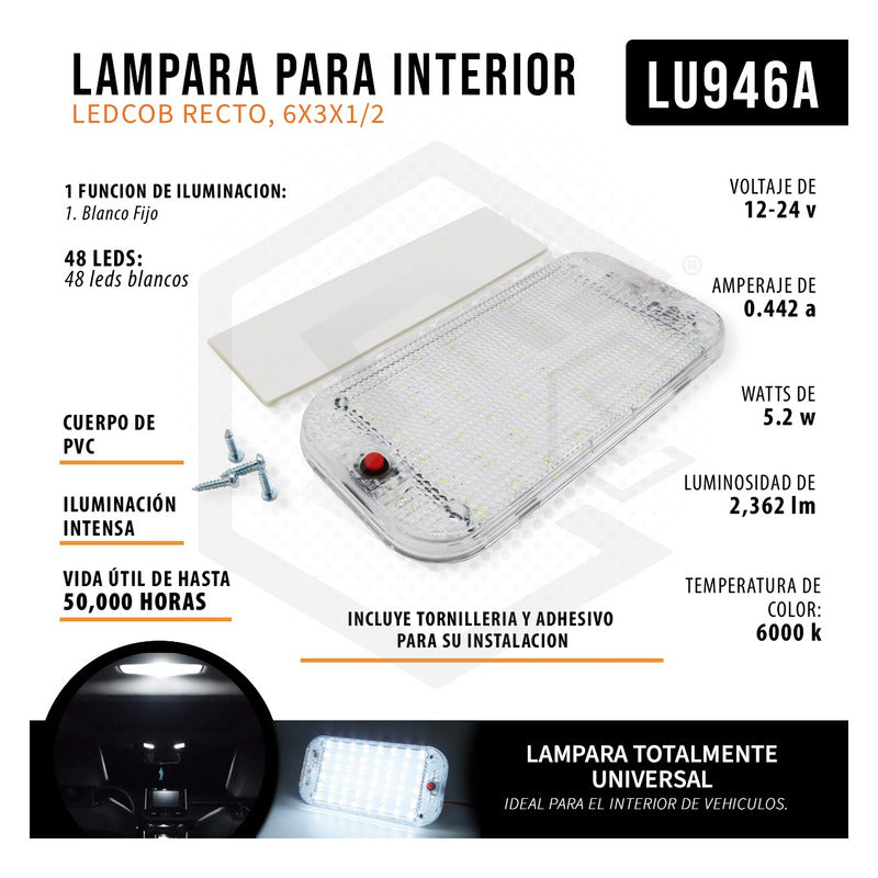 Lámpara Plafón Interior Universal Led Cob Auto Camión 12-24v