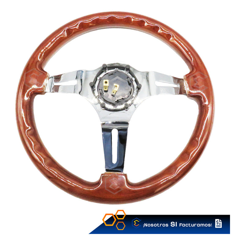 Volante De Madera Automotriz Universal Centro Cromado 35cm