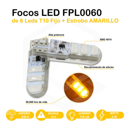 Par De Focos Pellizco Gel T10 Fijo + Estrobo 6 Leds Canbus
