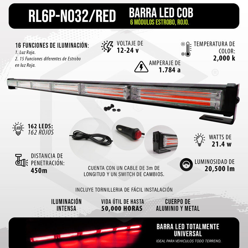 Barra Torreta Led Cob 6 Módulos Estrobo Código 16 Funciones