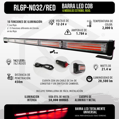 Barra Torreta Led Cob 6 Módulos Estrobo Código 16 Funciones