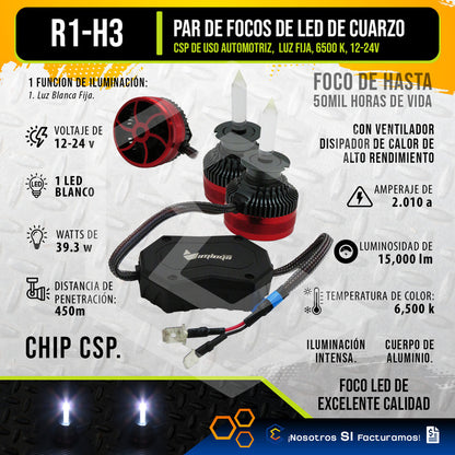2 Focos Led H3 Cuarzo Ventilador Alta Baja 15,000lm 12-24v H3
