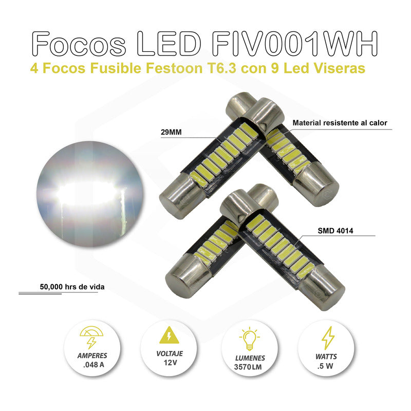 4 Focos Fusible Festoon 28mm Y 31mm T6.3 Con 9 Led Viseras