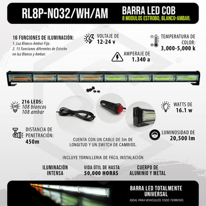 Barra Torreta Led Cob 8 Módulos Estrobo Código 16 Funciones