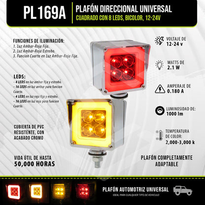 2 Plafón Direccional Universal Cuadrado 8 Led Bicolor 12-24v