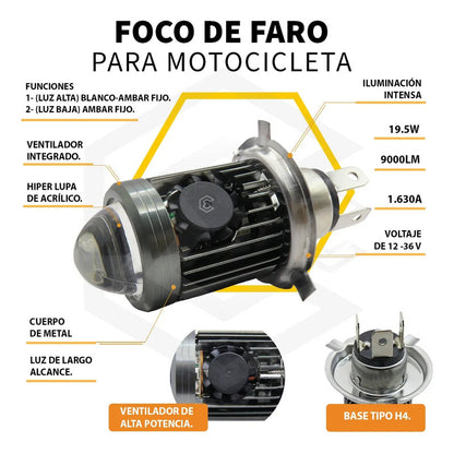 Foco Moto H4 Lupa Con Ventilador Ba20d Bicolor 6 Leds Csp