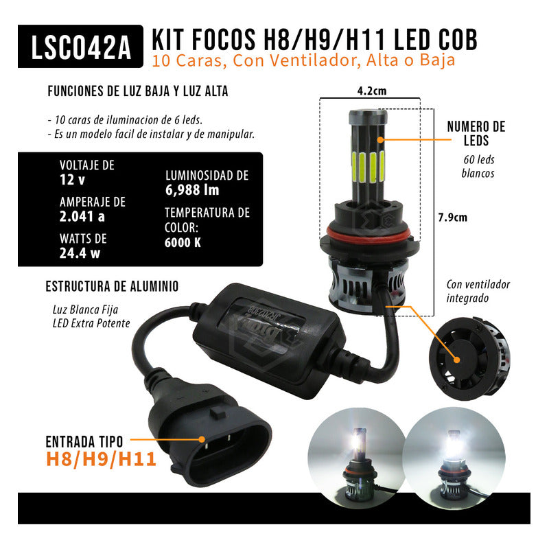 Kit Focos H8/h9/h11 Led Cob 10 Caras Ventilador Alta O Baja H8/h9/h11