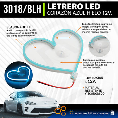 Figura Corazon Led Luz Neon Parabrisas Chupón Grande26cm 12v