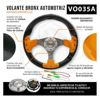 Volante Deportivo Universal De Metal Color Negro Y Amarillo