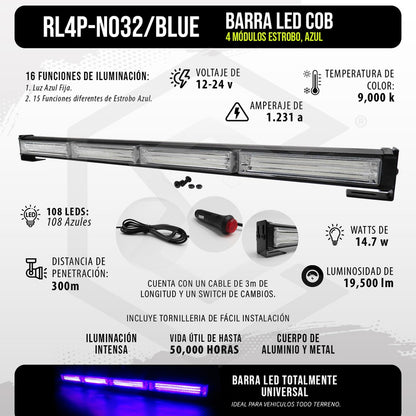 Barra Torreta Led Cob 4 Módulos Estrobo Código 16 Funciones