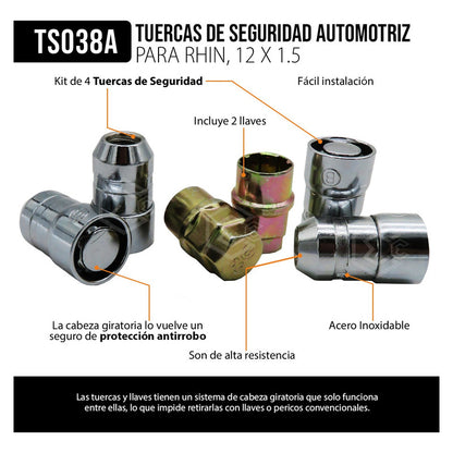 Juego De Tuercas De Seguridad Para Rin Con 2 Llaves 12 X 1.5