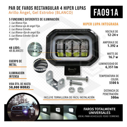 Par Faros Rectangular 4 Hiper Lupa Arillo Ángel Gel Estrobo