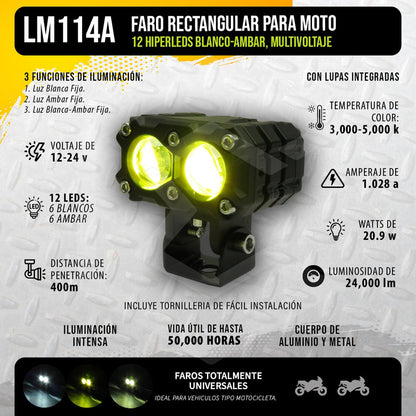 2 Faros Moto Bicolor 12 Hiperleds Lupa Fijo 24,000lm 12-24v