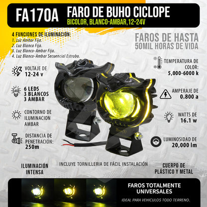 Par Faros 6 Leds 1 Lupa Bicolor Fijo Estrobo Cíclope 12-24v